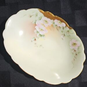 Limoges Artist Signed Hand Painted Oval Dish w/Floral & Gold Accent